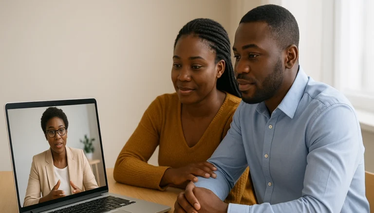 Online premarital counseling: a professional couple in a secure video counseling session on a laptop