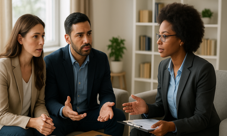 Engaged professional couple in a premarital counseling session with a clinician, discussing communication and finances
