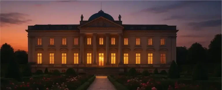Garden path leading to a palace entrance at dusk, symbolizing how respect breeds royalty