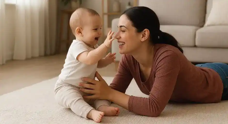 Maternal Childhood Trauma: Mother and child practicing calm bonding activities in a sunny living room