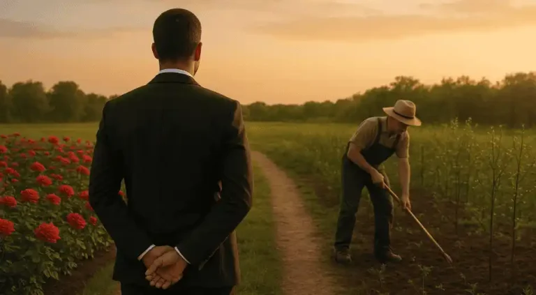 Mindful leadership: Leader watching a gardener tend formal roses and wild saplings, illustrating how attentive leadership discerns polish and potential