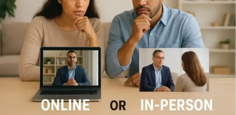 Online Premarital counseling vs in-person: Engaged professional couple choosing between online video premarital counseling and an in-person counseling session with a clinician