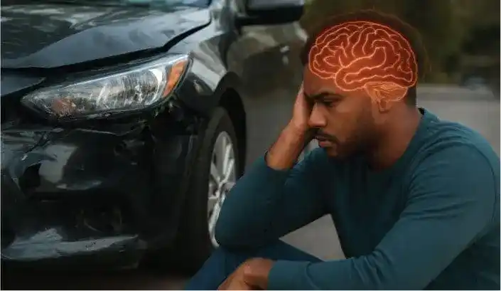 Person after a traumatic event with schematic brain-activity overlays representing distinct post trauma brain profiles